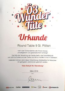 Ö3 Wundertüte Urkunde für den Round Table 9 St. Pölten